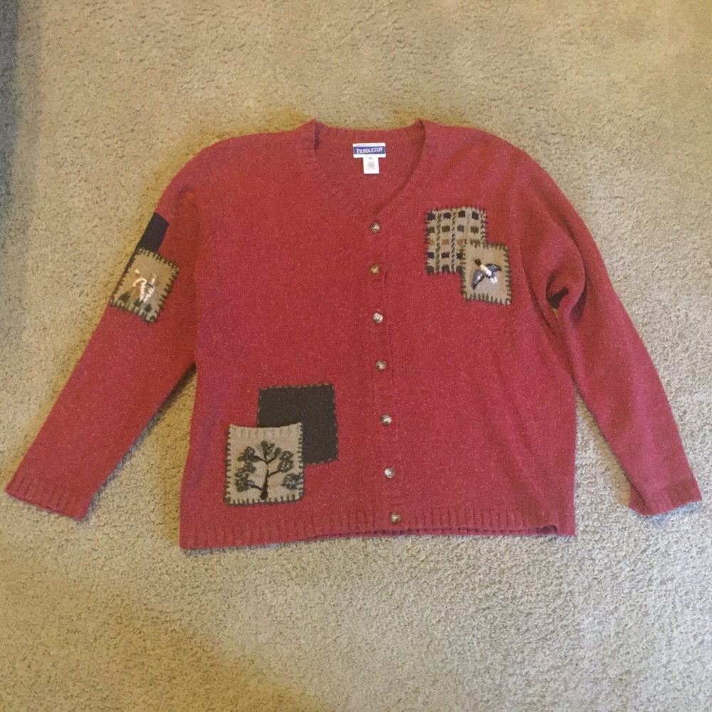 Pendleton Bird Tree Dog Patchwork Silk, Wool Blend Button Down Sweater Size 1X